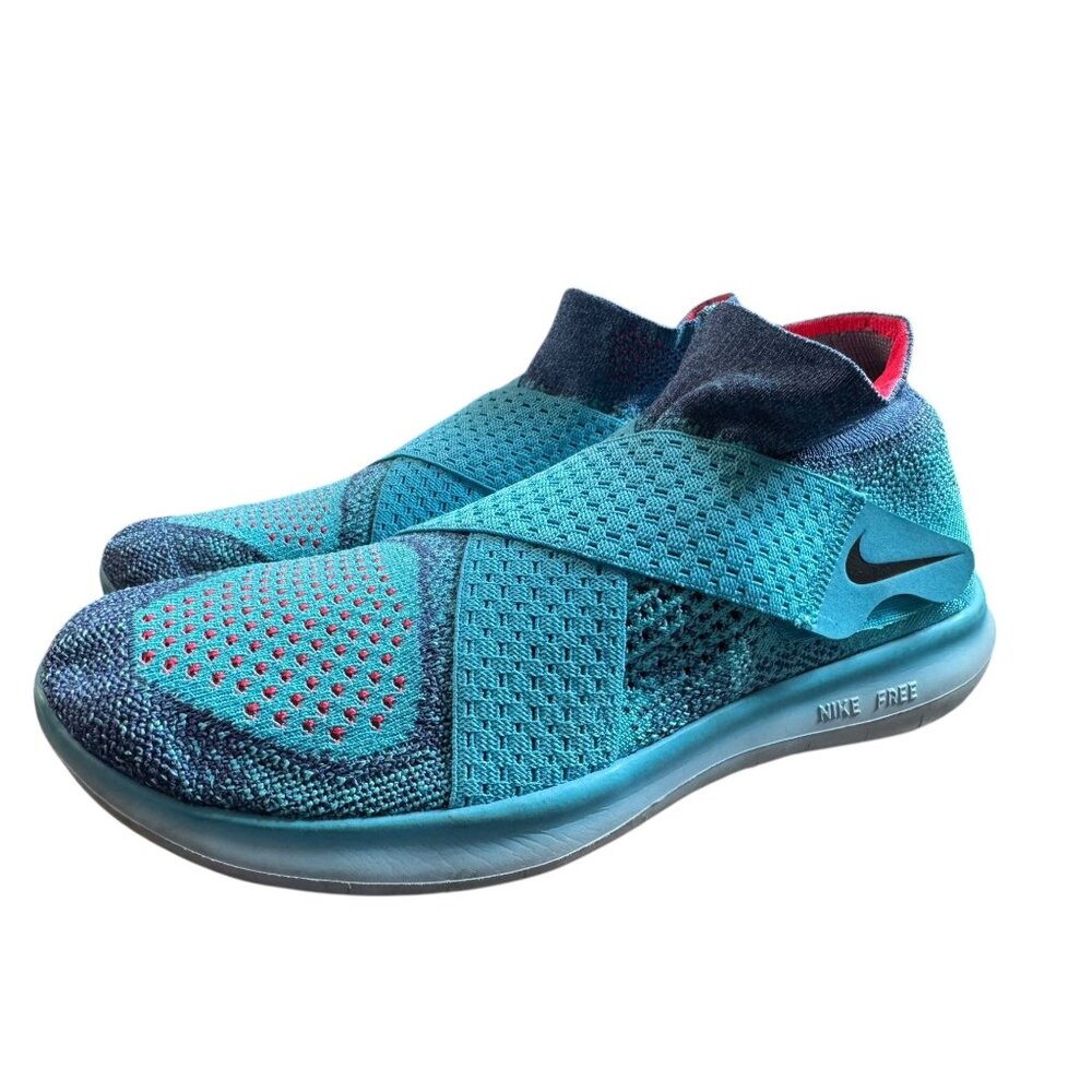 Nike Free RN Motion Flyknit Sz 8 Running Shoes‎ Blue Aqua Red Slip-On